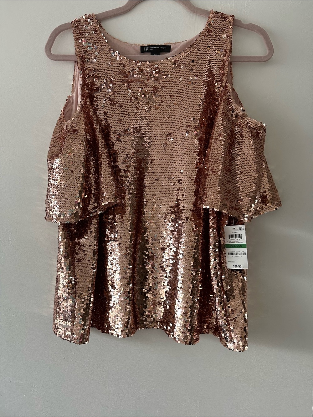 INC International Concepts Petite Large Rose Gold Sequin Cold Shoulder Top NWT